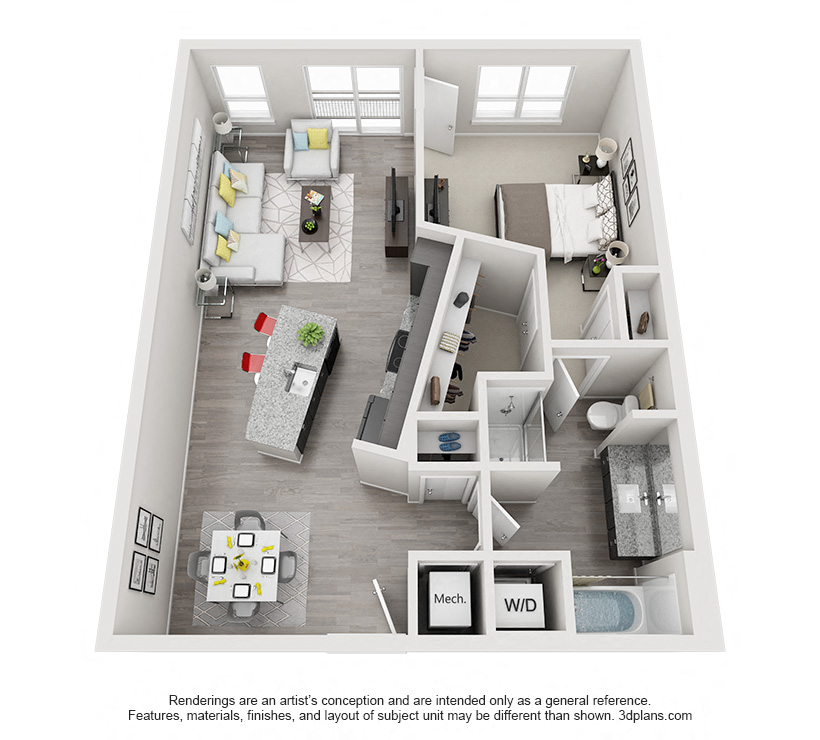 Floor plan for 1 bed, 1 bath, 845 sqft